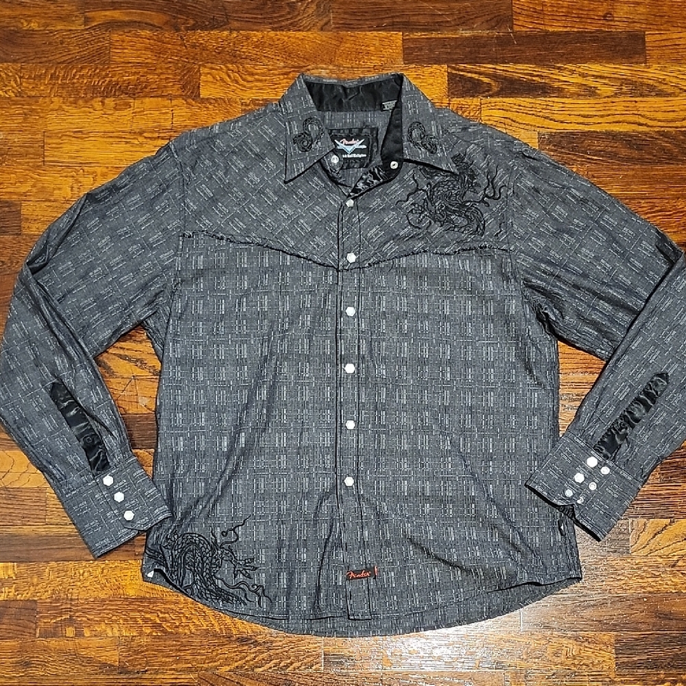 Fender Rock And Roll Religion Charcoal Embroidered Dragons Metal Snap Down Shirt